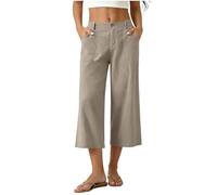 Pantacourt Femme Été Fluide Léger Coton Lin Corsaire Taille Haute avec Bouton Chic et Élégant Jambe Large avec Poches Pantalon 3/4 Décontracté Confortable pour Les Vacances, la Plage et Les Loisirs
