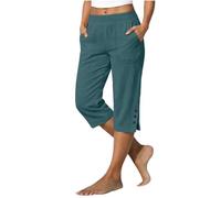 Pantacourt Femme Été Léger Fluide Lin Pantalon 3/4 Taille Haute Élastique Coupe Droite avec Poches et Fente au Bas Corsaire Chic Baggy Confortable pour Les Vacances, la Plage et Les Loisirs