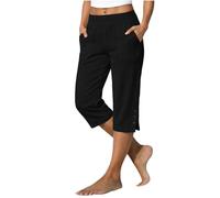 Pantacourt Femme Été Léger Fluide Lin Pantalon 3/4 Taille Haute Élastique Coupe Droite avec Poches et Fente au Bas Corsaire Chic Baggy Confortable pour Les Vacances, la Plage et Les Loisirs