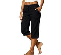 Pantacourt Femme Été Léger Fluide Lin Pantalon 3/4 Taille Haute Élastique Coupe Droite avec Poches et Fente au Bas Corsaire Chic Baggy Confortable pour Les Vacances, la Plage et Les Loisirs