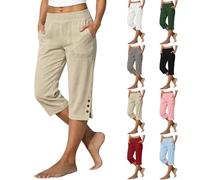 Pantacourt Femme Été Léger Fluide Lin Pantalon 3/4 Taille Haute Élastique Coupe Droite avec Poches et Boutons Fente au Bas Corsaire Chic Baggy Confortable Décontracté Pantalon Capri Vacances Plage