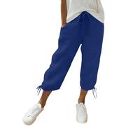 Pantacourt Femme Été Lin Coton Taille Haute Élastique Léger Pantalon 7/8 Coupe Droite avec Poches et Bas Resseré à Cordon Corsaire de Sport Décontracté Confortable pour Les Vacances et la Plage