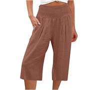 Pantacourt Femme Été Lin Pantalon Femmes Été Coton Lin 7/8 Pantalons Fluide Large Taille Haute Elastique Décontractée Pantacourt Solide Couleur Léger Sport Longueur Pants avec Poches
