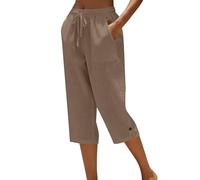 Pantacourt Femme Été Pantalon 3/4 en Coton et Lin Pantalon de Jogging Léger avec Poches Taille Élastique avec Cordon Bouton à la Cheville Pantalon de Sport Décontracté pour Yoga Randonnée