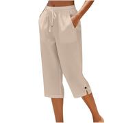 Pantacourt Femme Été Pantalon 3/4 Été en Coton Chic et Lin Jogging Léger avec Poches Taille Élastique Bas de Pyjama Coupe Ample Fluide Pants De Plage Décontractée pour Vacances Plage et Loisirs