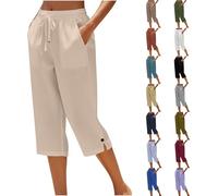 Pantacourt Femme Été Pantalon 3/4 Été en Coton Chic et Lin Jogging Léger avec Poches Taille Élastique Bas de Pyjama Coupe Ample Fluide Pants De Plage Décontractée pour Vacances Plage et Loisirs