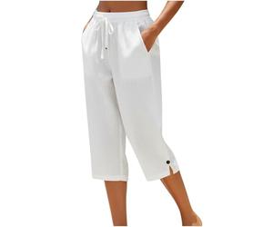 Pantacourt Femme Été Pantalon 3/4 Été en Coton Chic et Lin Jogging Léger avec Poches Taille Élastique Bas de Pyjama Coupe Ample Fluide Pants De Plage Décontractée pour Vacances Plage et Loisirs