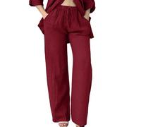 Pantacourt Femme été,Womens Daily Elastic Waist Pockets Straight Solid Color Casual Pants Loose Long Trousers Short Boxe Fille (Red, XXL)