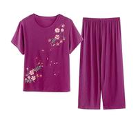 Pantacourt Femme Rose Mi-Long Corail Femme Manches Courtes lgant Respirant Lger Mou Dtendu Chic Fluide Doux Chaleureux Capri Vtements De Nuit Floral Dcontract Serein