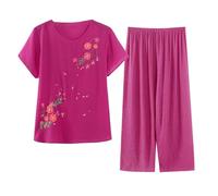 Pantacourt Femme Rose Mi-Long Corail Femme Manches Courtes lgant Respirant Lger Mou Dtendu Chic Fluide Doux Chaleureux Capri Vtements De Nuit Floral Dcontract Serein