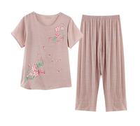 Pantacourt Femme Rose Mi-Long Corail Femme Manches Courtes lgant Respirant Lger Mou Dtendu Chic Fluide Doux Chaleureux Capri Vtements De Nuit Floral Dcontract Serein