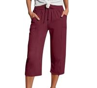 Pantacourt Femme Sport Coton Lin Pantalon 7/8 Elastique Fluide avec Poches Lin Coton Vêtement Décontractée Pants De Sport Pantalons Court Large Femme D'été