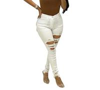 Pantacourt Femme Taille Haute Slim Fit Stretch Troué Skinny Pantalon Mode Jeans Déchiré Blanc M