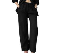 Pantacourt Femme,Womens Daily Elastic Waist Pockets Straight Solid Color Casual Pants Loose Long Trousers Short Boxe Fille (Black, XXXXL)