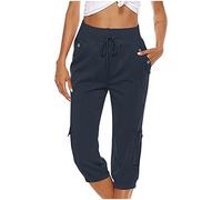 Pantacourt Lin Femme Ete Solde Pantacourts en Coton Et Lin Femmes Chic Pantalon Court Taille Elastique Pantalons De Jogging Couleur Unie 3/4 Pant Confortable Pants De Plage Cadeau Fête des Mères