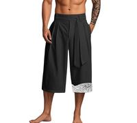 Pantalon 3/4 en lin pour homme - Pantalon kimono samouraï japonais avec imprimé gothique vintage médiéval - Vêtement d'été respirant - Coupe droite - Hip Hop - Streetwear - Pantalon de loisirs, Noir