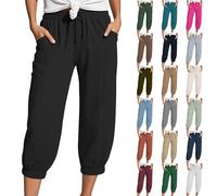 Pantalon 3/4 en mousseline ample pour femme - Pantalon d'été trois-quarts - Pantalon de loisirs léger - Pantalon de loisirs - Pantalon en tissu stretch - Coupe ample - Pantalon de jogging - Pantalon