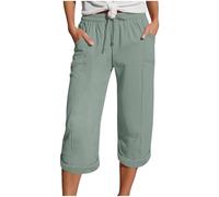 Pantalon 3/4 Femme Été, Uni, Taille Haute Élastique Cordon Serrage, Coupe Large Fluide, Poches, Léger Respirant, Look Sport Chic Décontracté, Polyvalent Loisir Marche Randonnée Voyage Quotidien