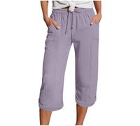 Pantalon 3/4 Femme Été, Uni, Taille Haute Élastique Cordon Serrage, Coupe Large Fluide, Poches, Léger Respirant, Look Sport Chic Décontracté, Polyvalent Loisir Marche Randonnée Voyage Quotidien