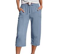 Pantalon 3/4 Femme Été, Uni, Taille Haute Élastique Cordon Serrage, Coupe Large Fluide, Poches, Léger Respirant, Look Sport Chic Décontracté, Polyvalent Loisir Marche Randonnée Voyage Quotidien