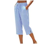 Pantalon 3/4 Fluide Femme D'été en Coton Lin Taille Elastique Rayures Pantalons Chic et Élegant Décontractés Respirant Ample Taille Haute Pant Large Coupe Droite Pants (L)