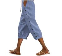Pantalon 7/8 en coton et lin pour femme - Pantalon d'été décontracté de couleur unie avec boutons à rangée latérale, poches et cordon de serrage | Pantalon droit sept quarts tendance pour vacances de