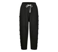 Pantalon 7/8 en coton et lin pour femme - Pantalon d'été décontracté de couleur unie avec boutons à rangée latérale, poches et cordon de serrage | Pantalon droit sept quarts tendance pour les vacances