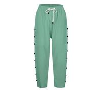 Pantalon 7/8 en coton et lin pour femme - Pantalon d'été décontracté de couleur unie avec boutons à rangée latérale, poches et cordon de serrage | Pantalon droit sept quarts tendance pour les vacances