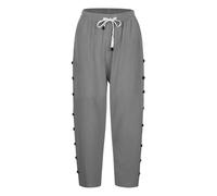 Pantalon 7/8 en coton et lin pour femme - Pantalon d'été décontracté de couleur unie avec boutons à rangée latérale, poches et cordon de serrage | Pantalon droit sept quarts tendance pour les vacances
