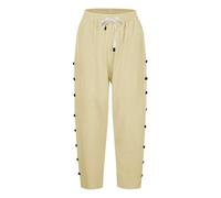 Pantalon 7/8 en coton et lin pour femme - Pantalon d'été décontracté de couleur unie avec boutons à rangée latérale, poches et cordon de serrage | Pantalon droit sept quarts tendance pour les vacances
