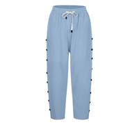 Pantalon 7/8 en coton et lin pour femme - Pantalon d'été décontracté de couleur unie avec boutons à rangée latérale, poches et cordon de serrage | Pantalon droit sept quarts tendance pour les vacances
