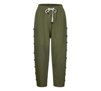 Pantalon 7/8 en coton et lin pour femme - Pantalon d'été décontracté de couleur unie avec boutons à rangée latérale, poches et cordon de serrage | Pantalon droit sept quarts tendance pour les vacances