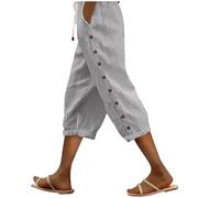 Pantalon 7/8 en coton et lin pour femme - Pantalon d'été décontracté de couleur unie avec boutons à rangée latérale, poches et cordon de serrage | Pantalon droit sept quarts tendance pour les vacances
