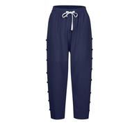 Pantalon 7/8 en coton et lin pour femme - Pantalon d'été décontracté de couleur unie avec boutons à rangée latérale, poches et cordon de serrage | Pantalon droit sept quarts tendance pour les vacances