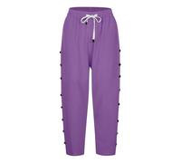 Pantalon 7/8 en coton et lin pour femme - Pantalon d'été décontracté de couleur unie avec boutons à rangée latérale, poches et cordon de serrage | Pantalon droit sept quarts tendance pour les vacances