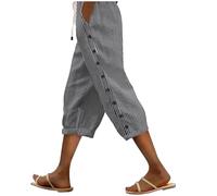 Pantalon 7/8 en coton et lin pour femme - Pantalon d'été décontracté de couleur unie avec boutons à rangée latérale, poches et cordon de serrage | Pantalon droit sept quarts tendance pour les vacances