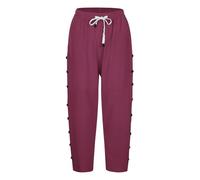 Pantalon 7/8 en coton et lin pour femme - Pantalon d'été décontracté de couleur unie avec boutons à rangée latérale, poches et cordon de serrage | Pantalon droit sept quarts tendance pour les vacances