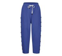 Pantalon 7/8 en coton et lin pour femme - Pantalon d'été décontracté de couleur unie avec boutons à rangée latérale, poches et cordon de serrage | Pantalon droit sept quarts tendance pour les vacances