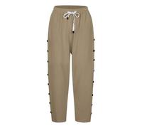Pantalon 7/8 en coton et lin pour femme - Pantalon d'été décontracté de couleur unie avec boutons à rangée latérale, poches et cordon de serrage | Pantalon droit sept quarts tendance pour les vacances