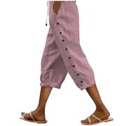 Pantalon 7/8 en coton et lin pour femme - Pantalon d'été décontracté de couleur unie avec boutons à rangée latérale, poches et cordon de serrage | Pantalon droit sept quarts tendance pour les vacances