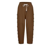 Pantalon 7/8 en coton et lin pour femme - Pantalon d'été décontracté de couleur unie avec boutons à rangée latérale, poches et cordon de serrage | Pantalon droit sept quarts tendance pour les vacances