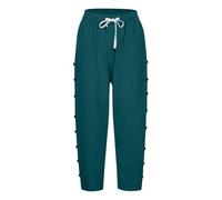 Pantalon 7/8 en coton et lin pour femme - Pantalon d'été décontracté de couleur unie avec boutons à rangée latérale, poches et cordon de serrage | Pantalon droit sept quarts tendance pour les vacances