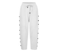 Pantalon 7/8 en coton et lin pour femme - Pantalon d'été décontracté de couleur unie avec boutons à rangée latérale, poches et cordon de serrage | Pantalon droit sept quarts tendance pour les vacances