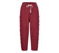 Pantalon 7/8 en coton et lin pour femme - Pantalon d'été décontracté de couleur unie avec boutons de rangée latérale, poches et cordon de serrage | Pantalon droit sept quarts tendance pour les
