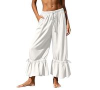 Pantalon 7/8 Femme Coton Taille Élastique Cordon, Volants au Bas et Cheville Ajustable, avec Poches, Léger Respirant, Idéal Rendez-Vous Plage