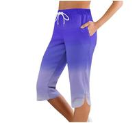 Pantalon 7/8 Femme Été, Uni, Taille Élastique Cordon Serrage, Coupe Droite Ajustée, Poches, Fente Bas, Coton Léger Respirant, Look Sport Chic Décontracté, Polyvalent Running Marche Loisir Quotidien
