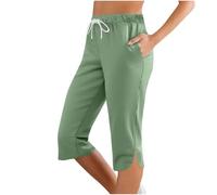 Pantalon 7/8 Femme Été, Uni, Taille Élastique Cordon Serrage, Coupe Droite Ajustée, Poches, Fente Bas, Coton Léger Respirant, Look Sport Chic Décontracté, Polyvalent Running Marche Loisir Quotidien