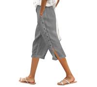 Pantalon 7/8 Femme Taille éLastique, Pantacourt Ete Femme avec Boutons Côtés Grande Taille Couleur Unie LéGer Fluide Shorts Baggy DéContracté Polyvalent Shortie pour Plage Voyage Vacances Quotidien