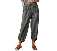 Pantalon 7/8 Femme Taille Haute- Pantalon Été Baggy Décontracté avec Poches Avant Et Boutons Couleur Unie Coupe Ample Sarouel Jambes Larges Pantacourt Léger pour Plage Vacances Pants