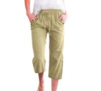 Pantalon 7/8 uni en lin mélangé pour femme, coupe ample, pantalon décontracté avec poches, beige, M